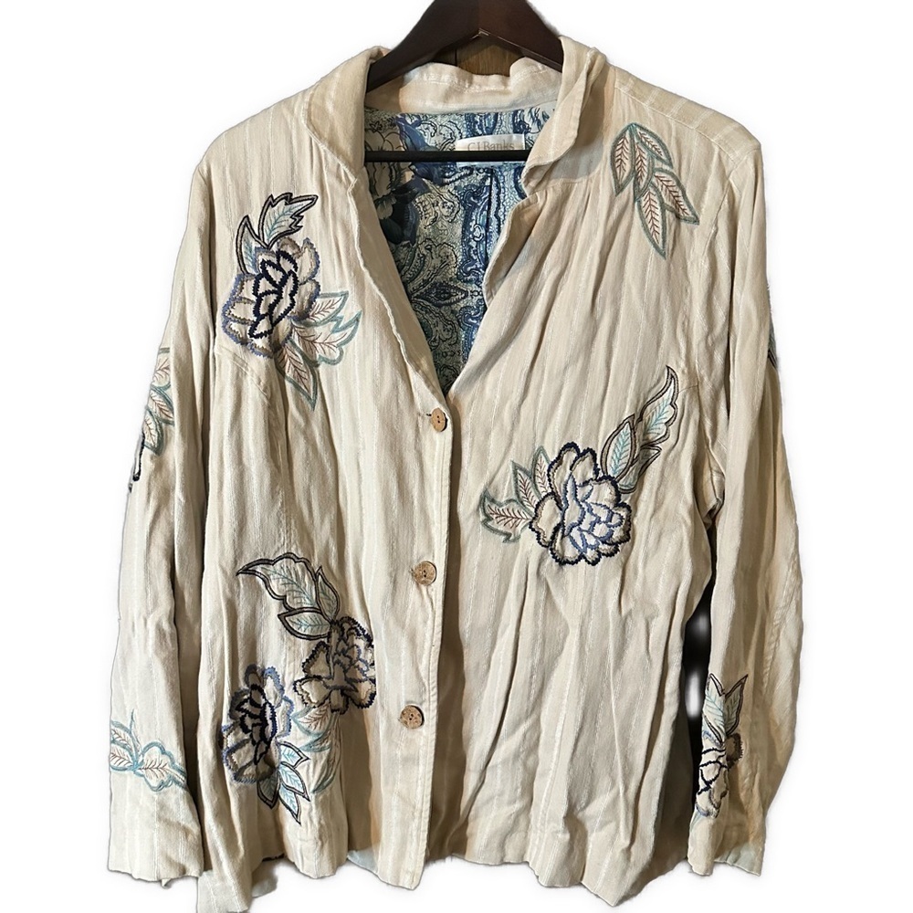 CJ Banks Tan White Stripes Floral Embroidered Button-up Jacket Blazer Size XL
